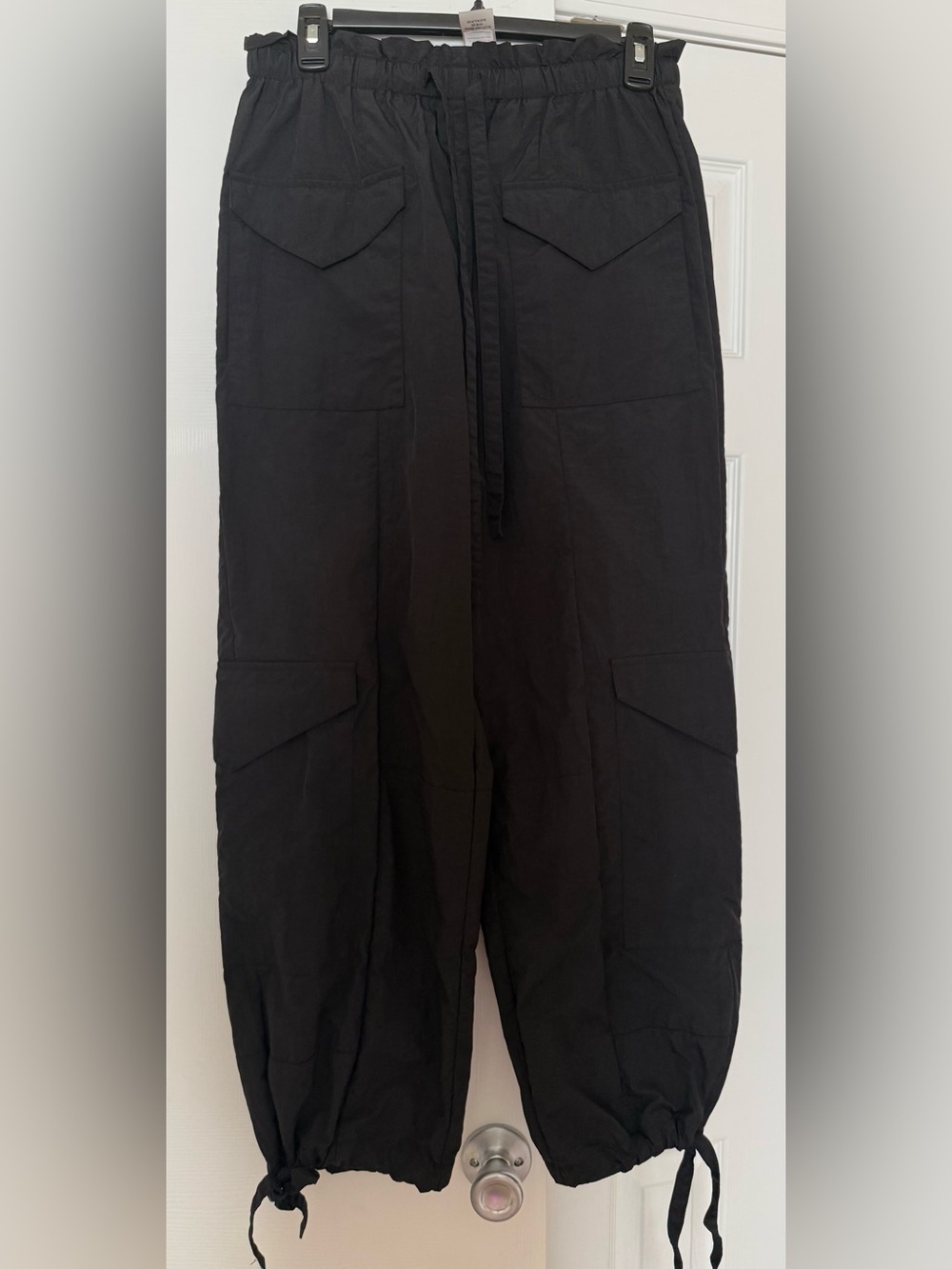 Sans Souci Nylon Black Cargo Pants with Utility Pockets Drawstring